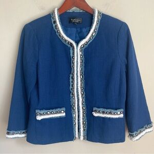 Katherine New York Navy Textured Embellished Jacket w/ Denim Detail Jacket Small